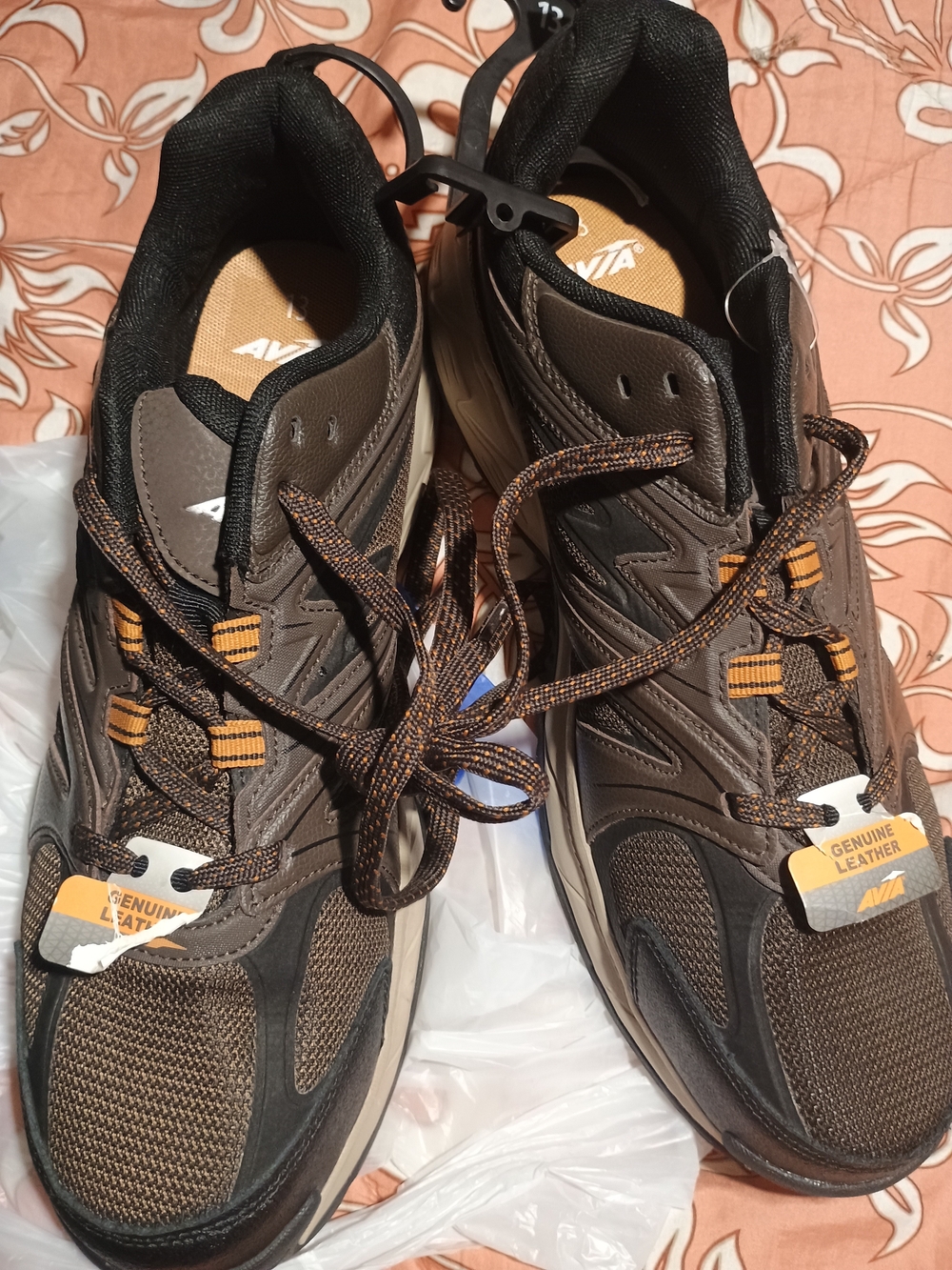 Avia Brown and Black Men's Athletic Sneakers with Orange Accents